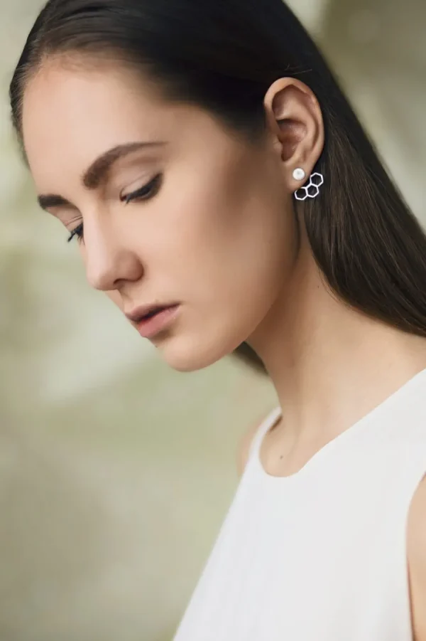 Fashion Ear Jackets Esagonini Argento 925 con Perle Orecchini